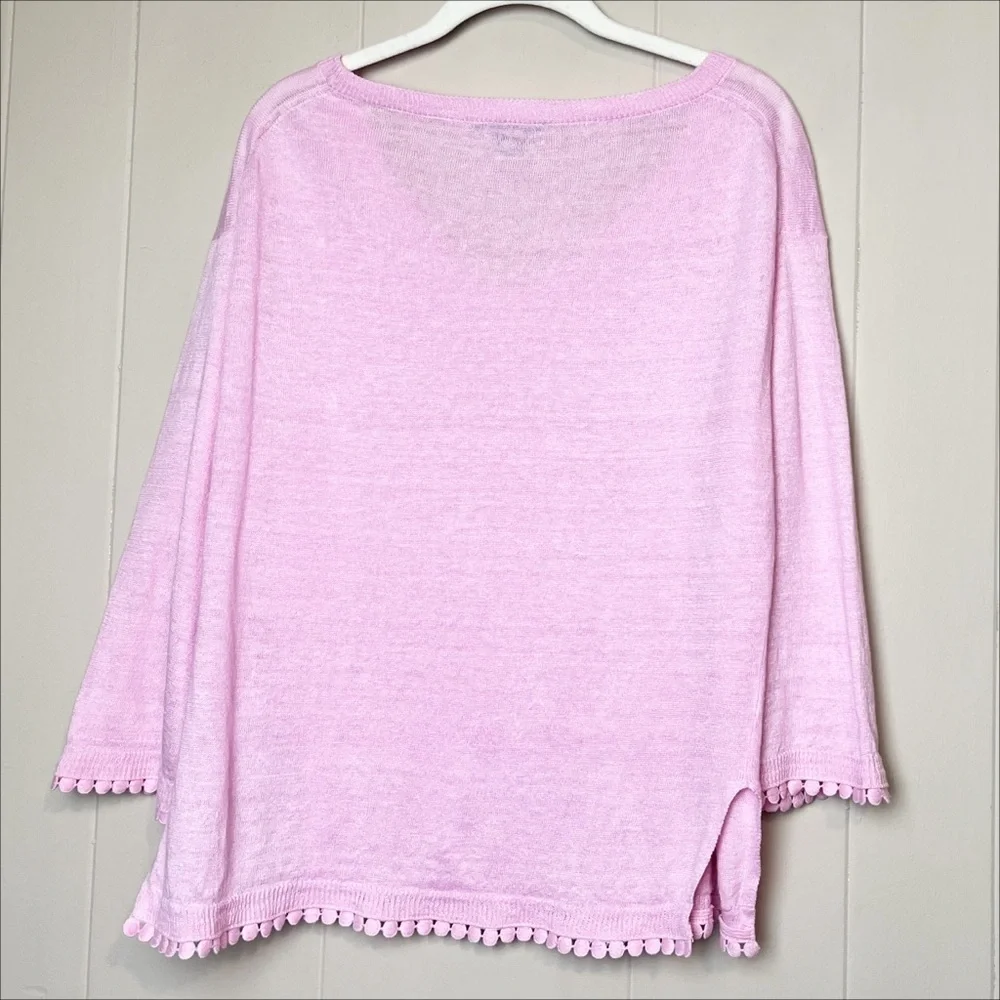 J. Crew 100% Linen Sweater Pom-Pom Trim‎ small bubblegum pink lightweight boxy